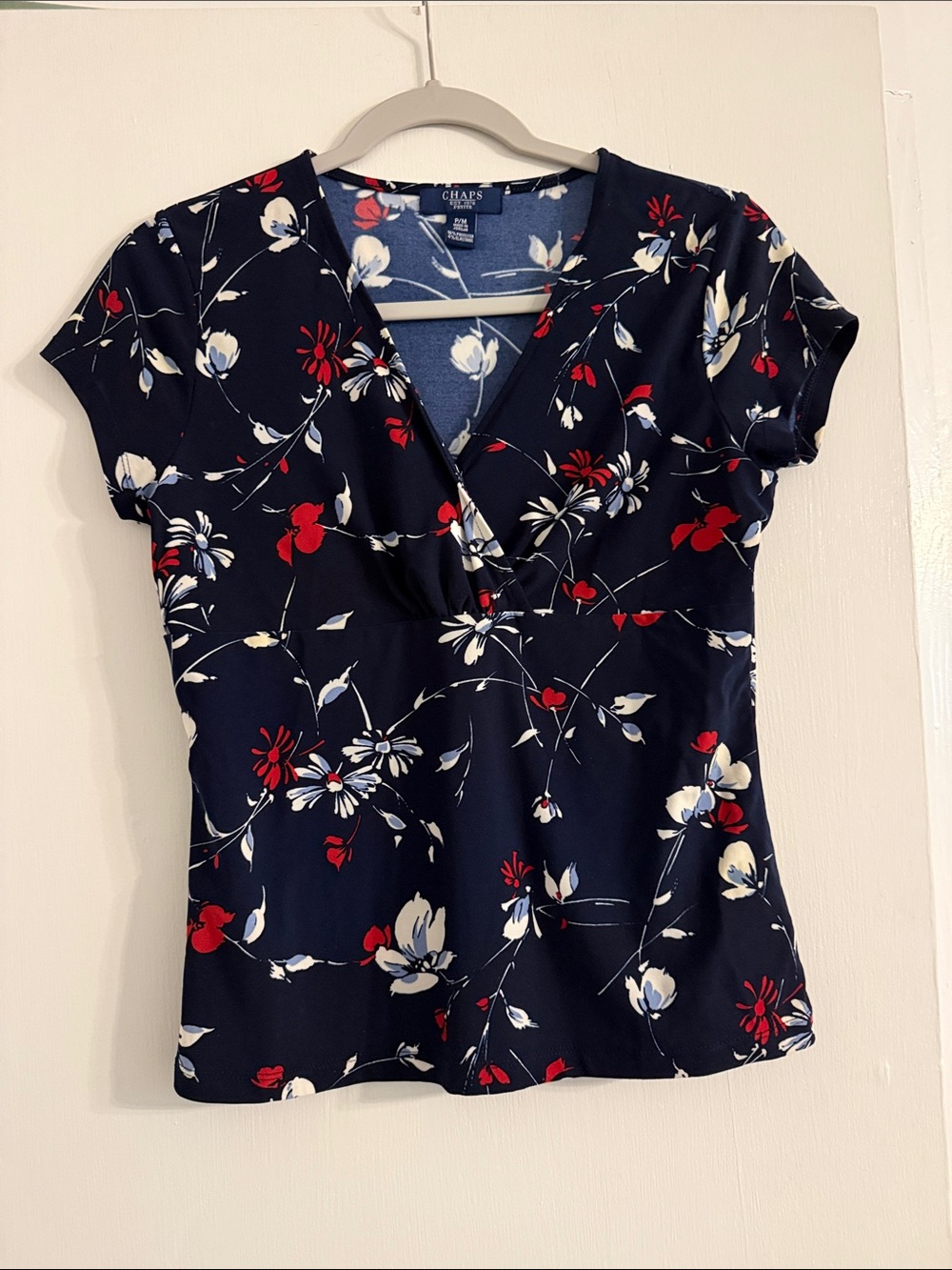 Chaps Women's Navy Floral Wrap-Front Top with Red & White Blooms